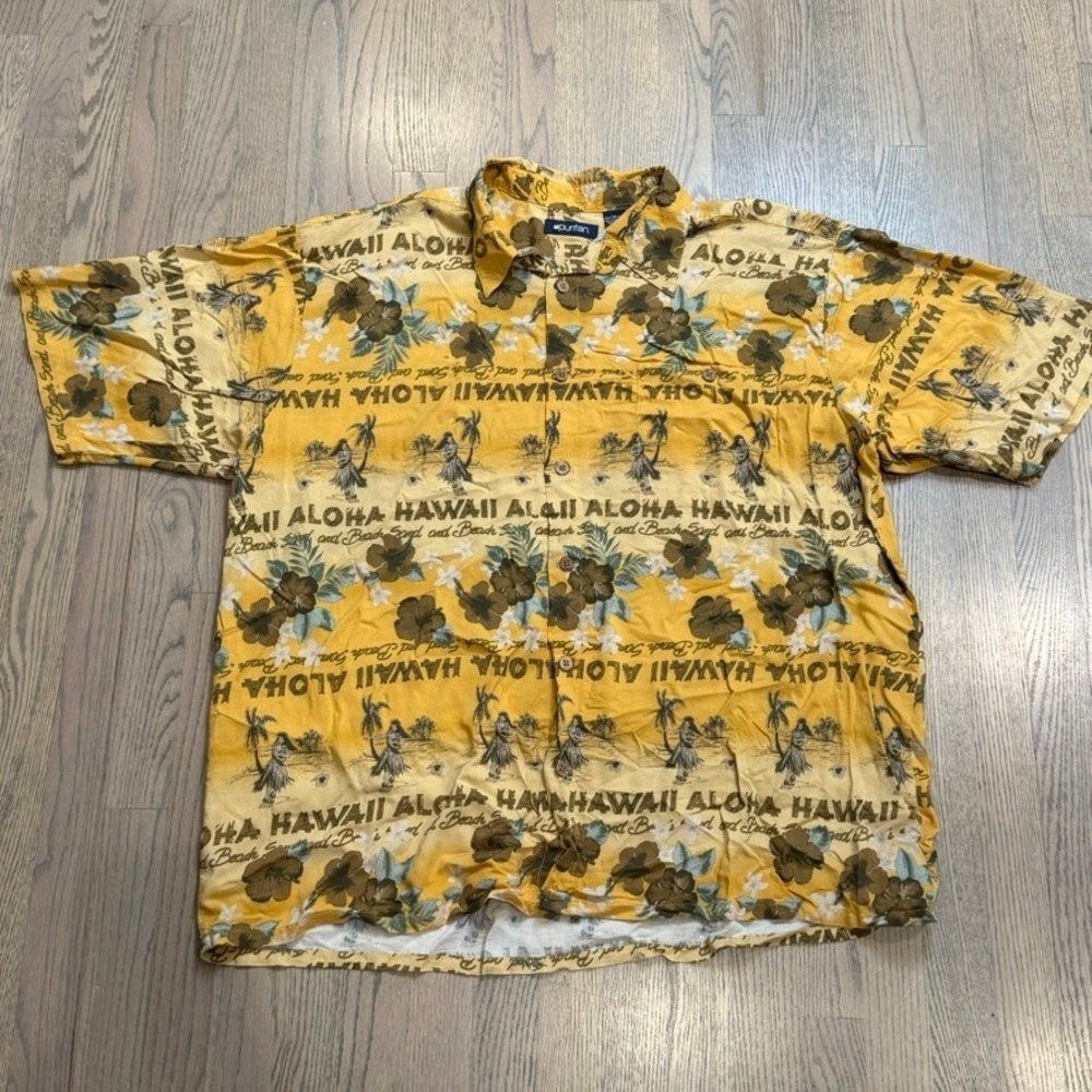 Puritan Mens 2XL Yellow Aloha Hawaii Beach Scene Viscose Camp Shirt